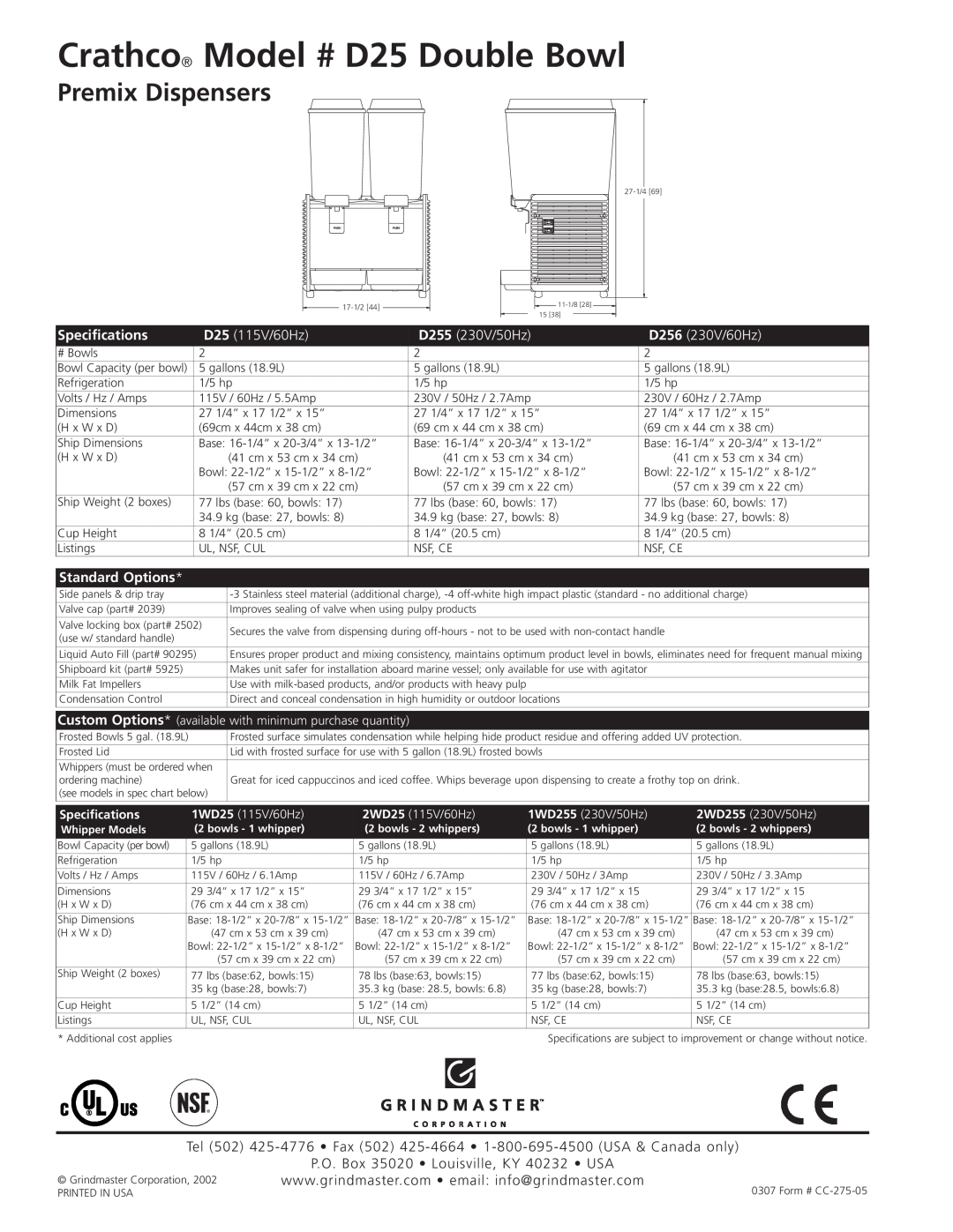 Grindmaster manual Premix Dispensers, Crathco Model # D25 Double Bowl, Specifications, D25 115V/60Hz, D255 230V/50Hz 