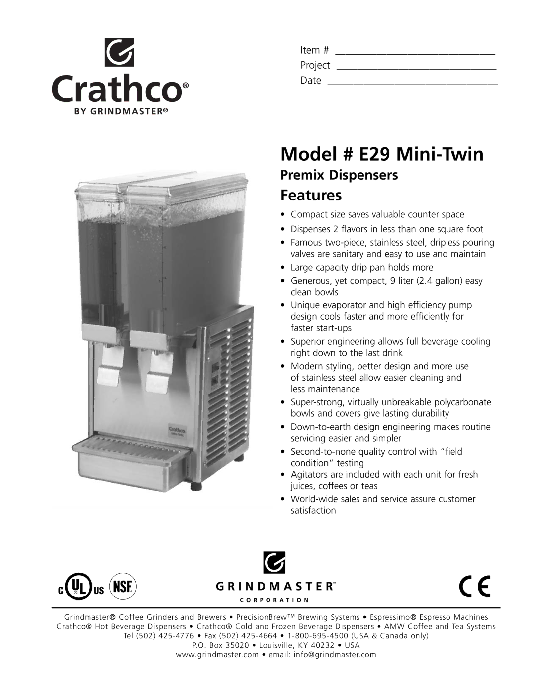 Grindmaster manual Model # E29 Mini-Twin, Features 