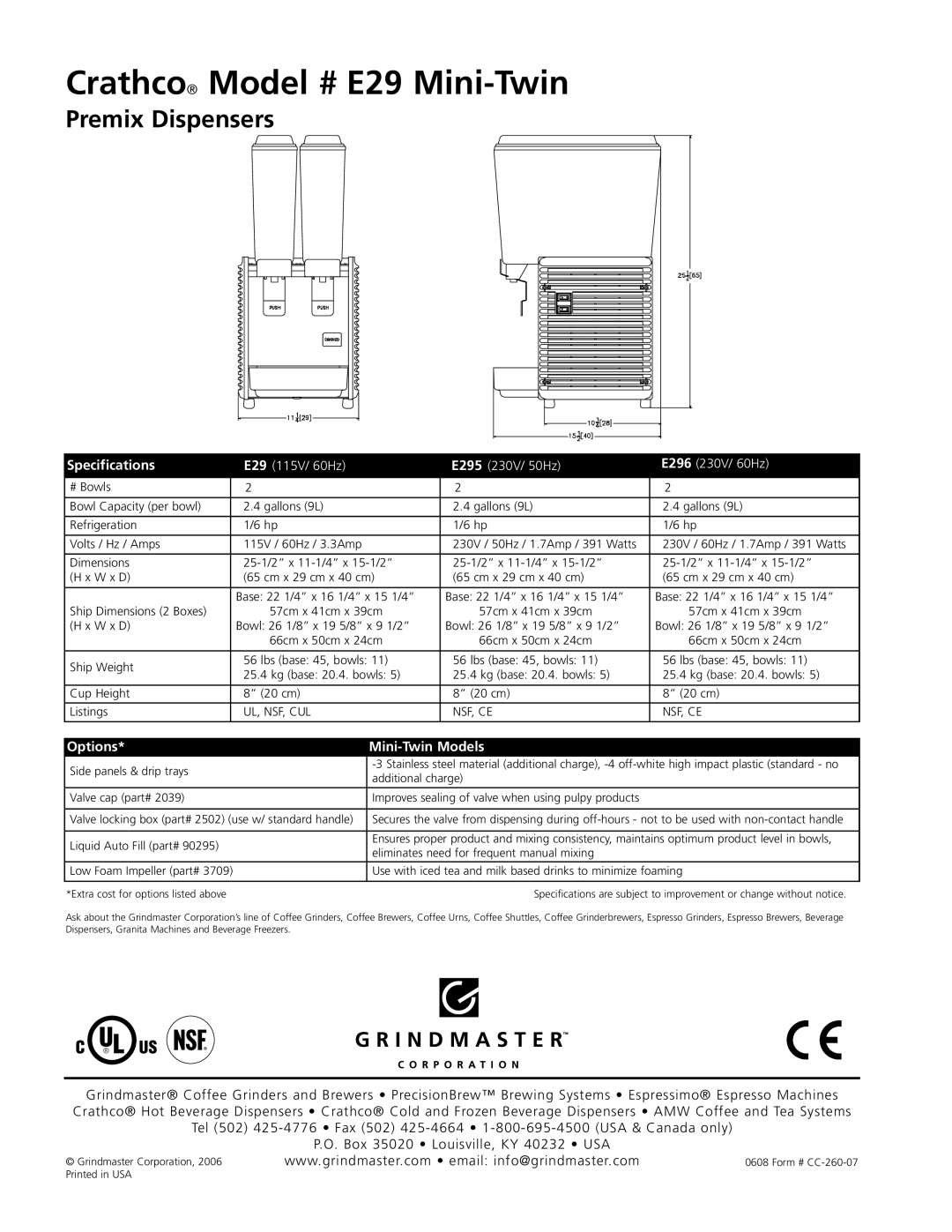 Grindmaster Crathco Model # E29 Mini-Twin, Premix Dispensers, Specifications, Options, Mini-TwinModels, E29 115V/ 60Hz 