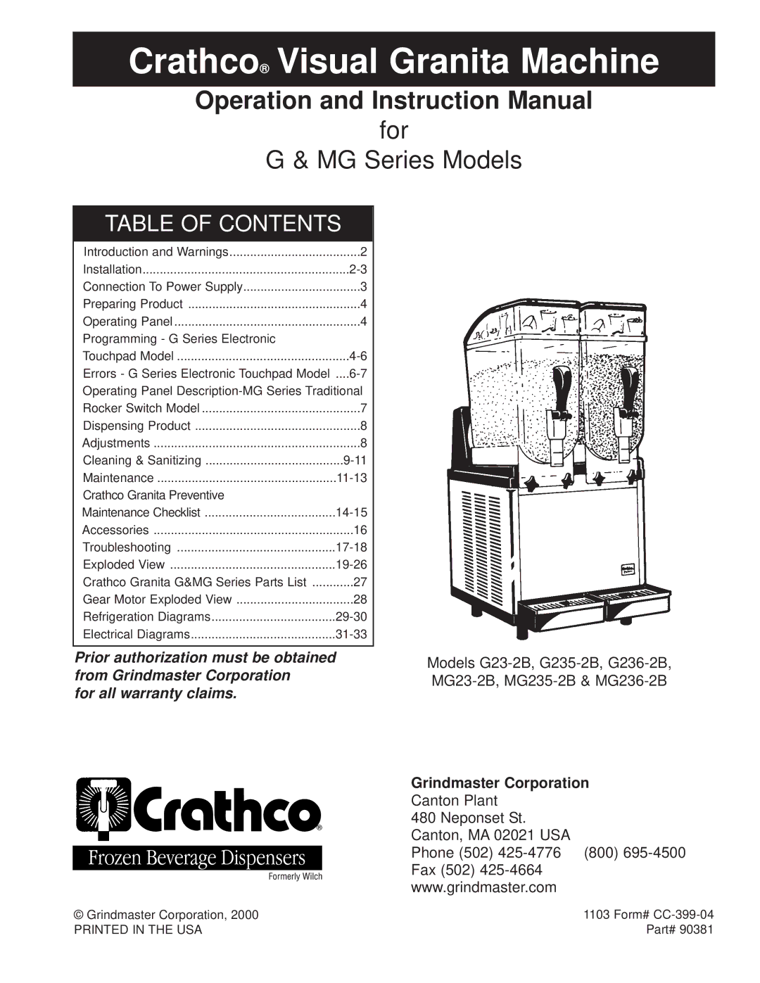 Grindmaster G & MG Series instruction manual Crathco Visual Granita Machine 