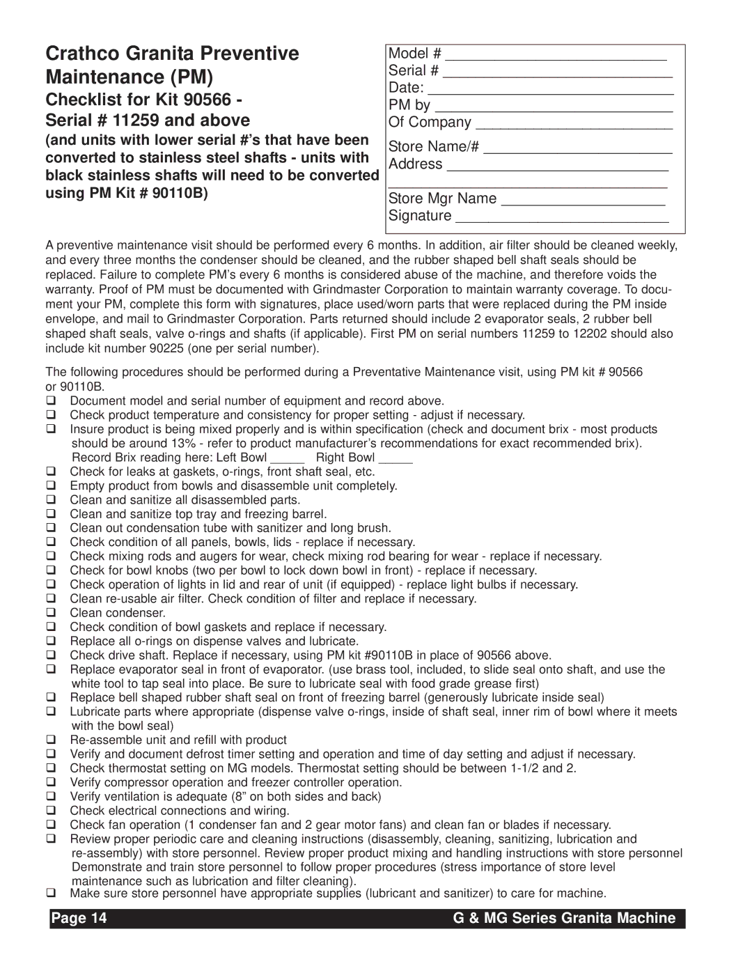 Grindmaster G & MG Series Crathco Granita Preventive Maintenance PM, Checklist for Kit Serial # 11259 and above 