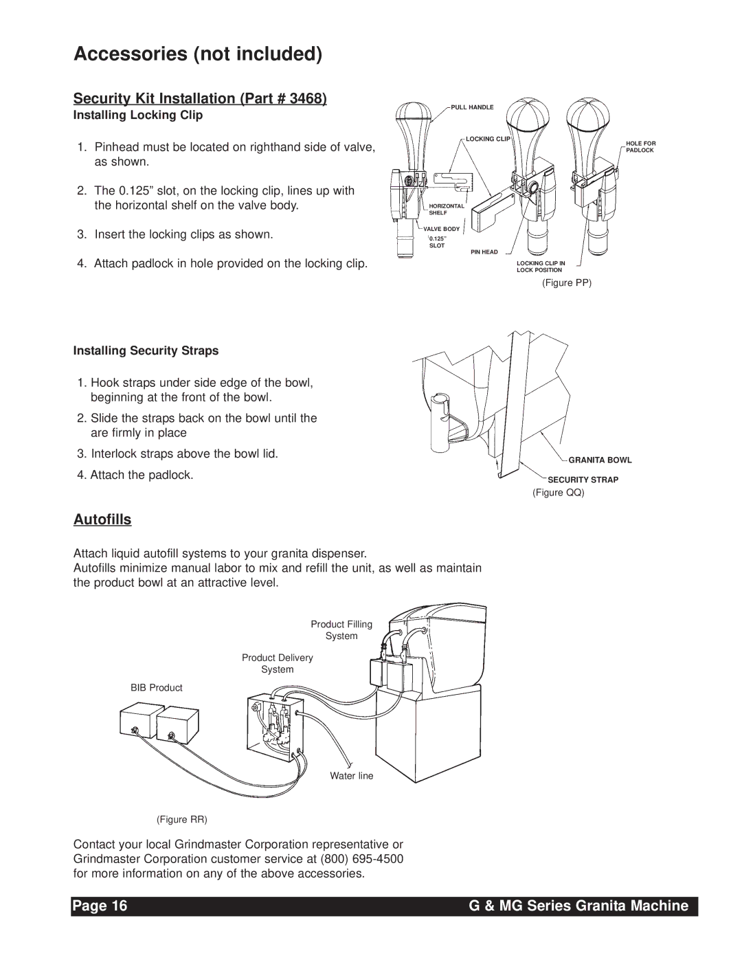 Grindmaster G & MG Series instruction manual Accessories not included, Security Kit Installation, Autofills 