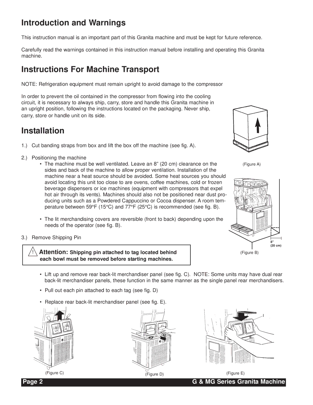 Grindmaster G & MG Series instruction manual Introduction and Warnings Instructions For Machine Transport, Installation 