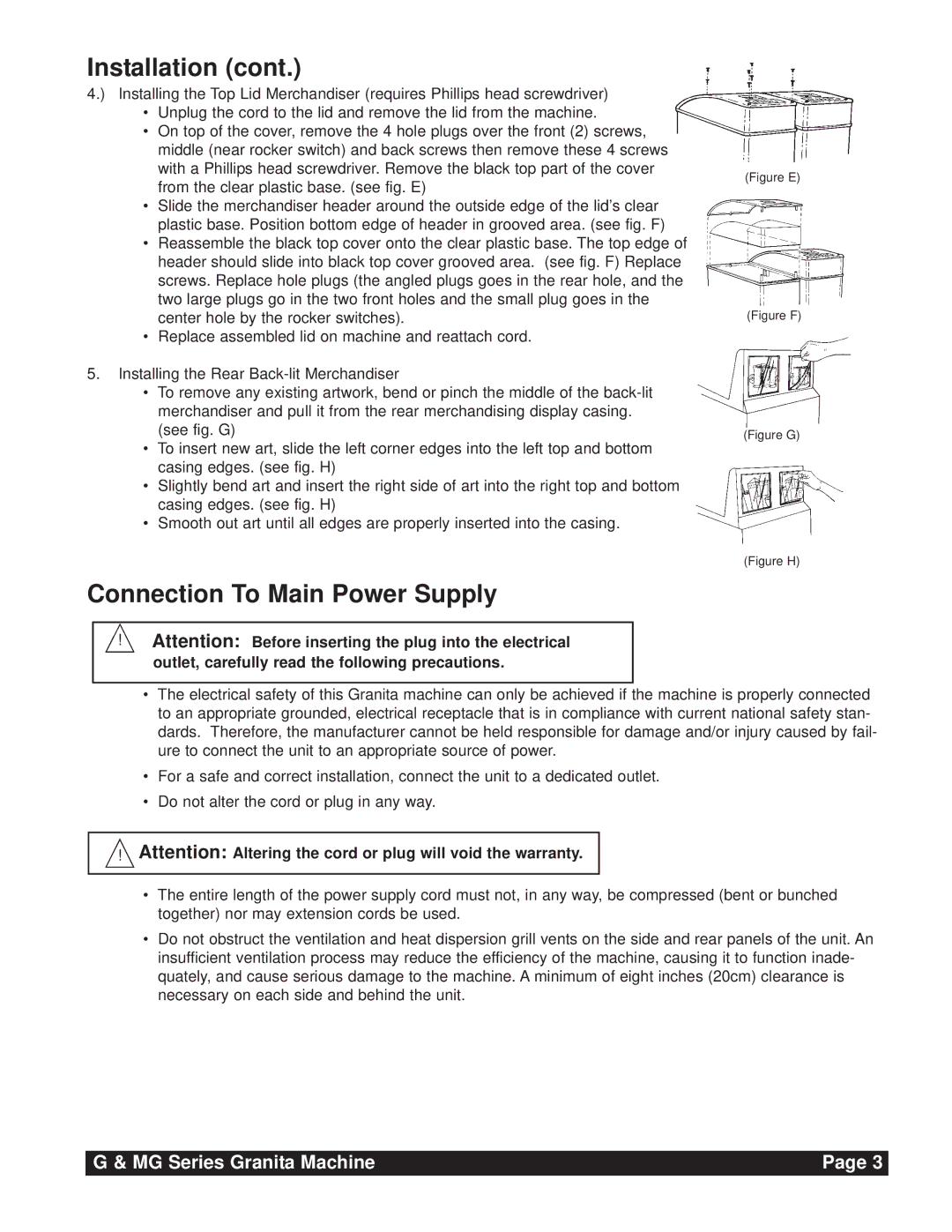 Grindmaster G & MG Series instruction manual Connection To Main Power Supply, Figure F 