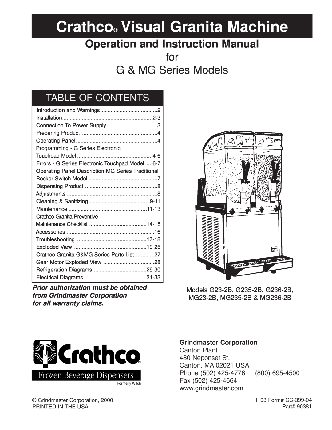 Grindmaster G & MG Series instruction manual Prior authorization must be obtained from Grindmaster Corporation 