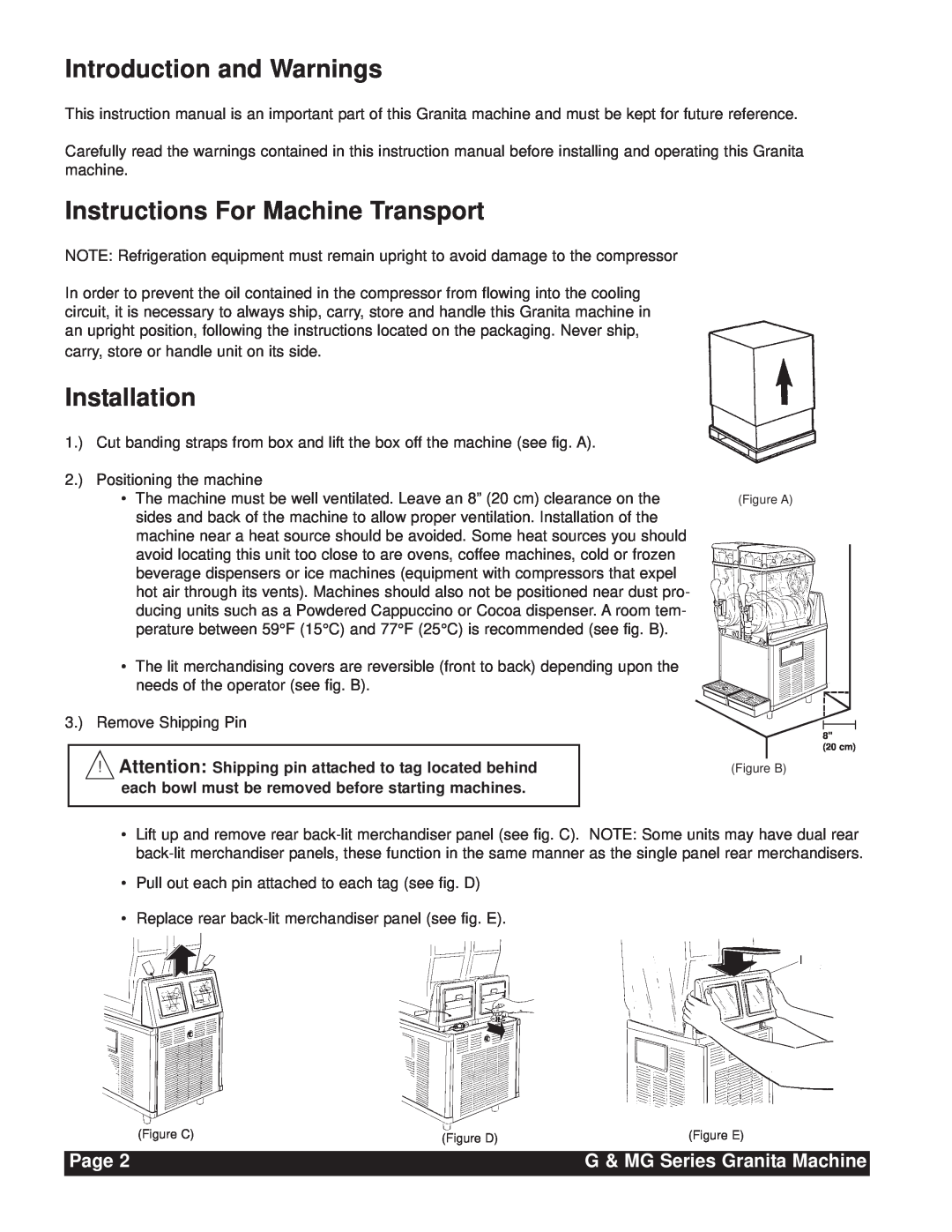 Grindmaster G & MG Series Introduction and Warnings, Instructions For Machine Transport, Installation, Page 