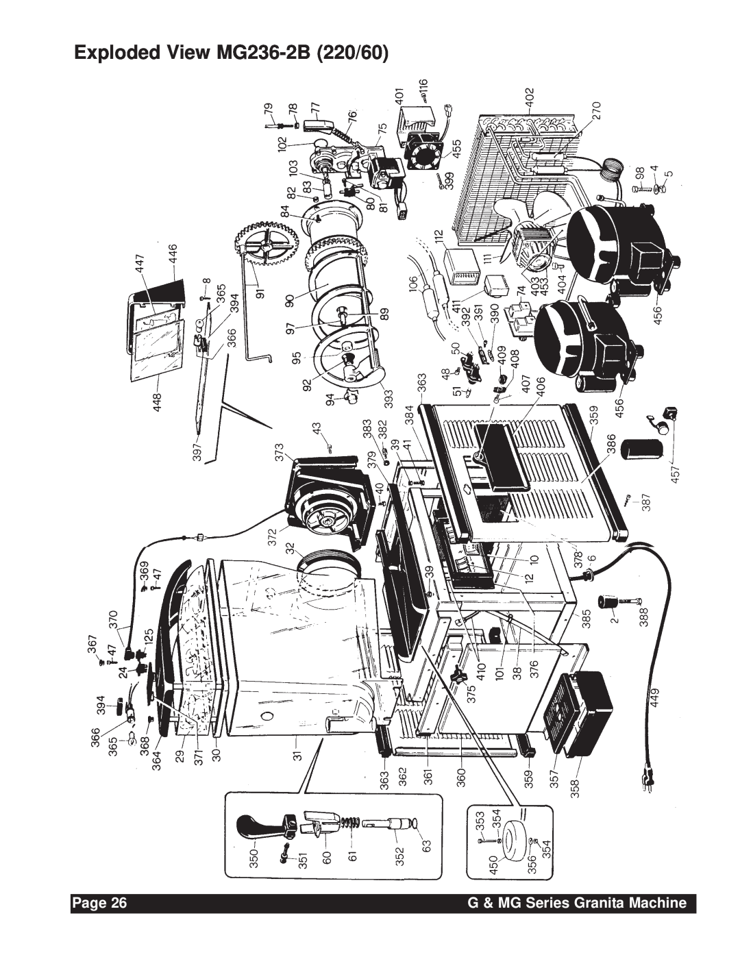 Grindmaster instruction manual Exploded View MG236-2B 220/60, Page, G & MG Series Granita Machine 