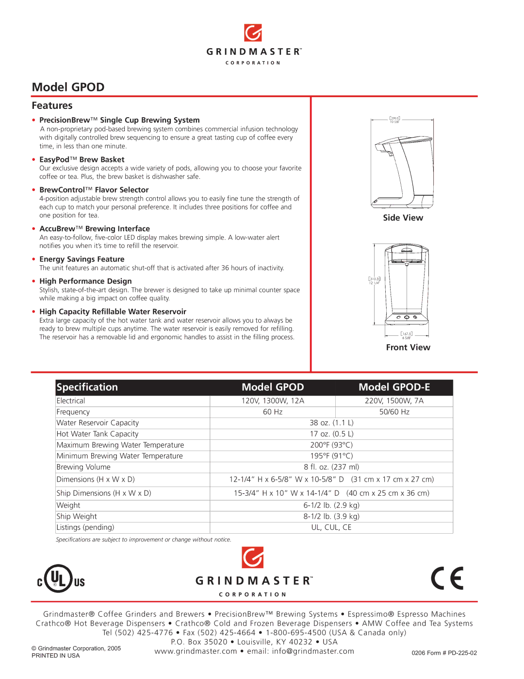 Grindmaster manual Features, Specification Model Gpod Model GPOD-E 