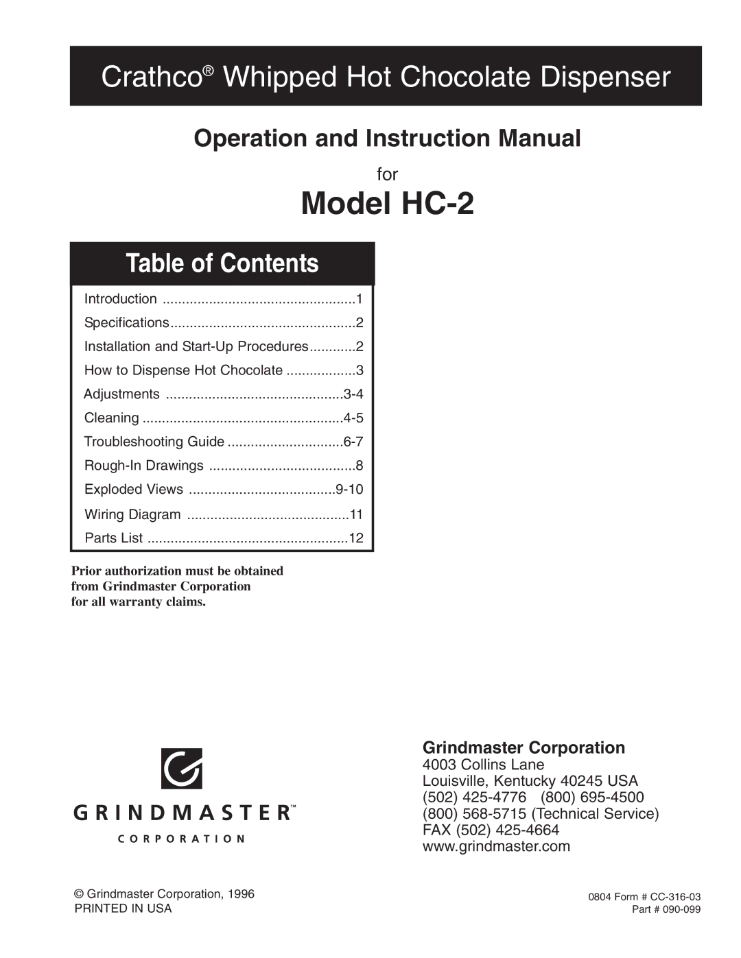 Grindmaster instruction manual Model HC-2 