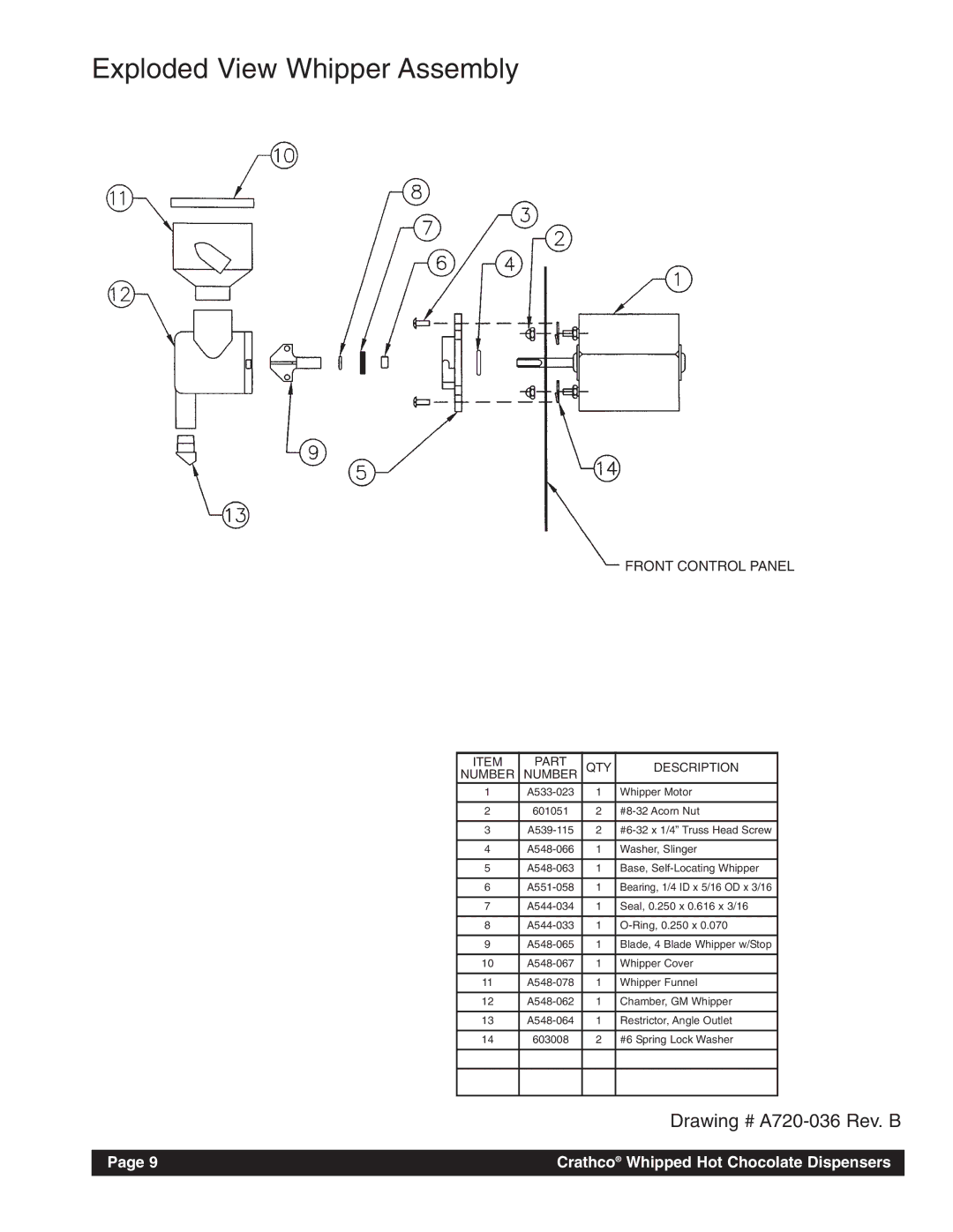 Grindmaster HC-2 instruction manual Exploded View Whipper Assembly, Front Control Panel 