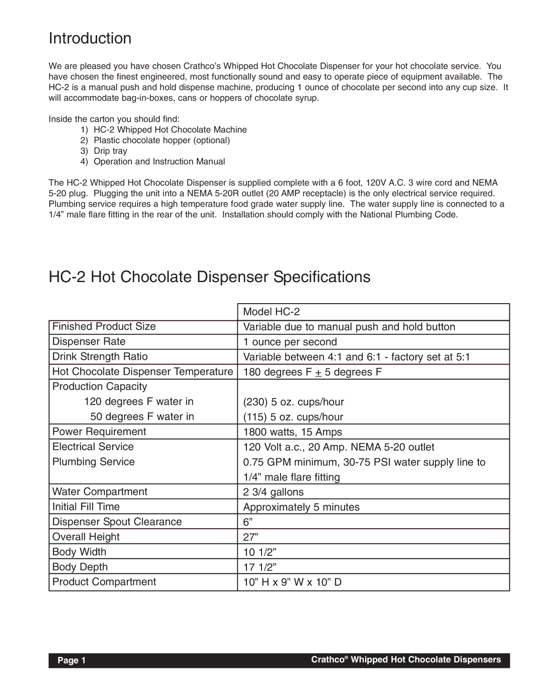 Grindmaster instruction manual Introduction, HC-2 Hot Chocolate Dispenser Specifications 