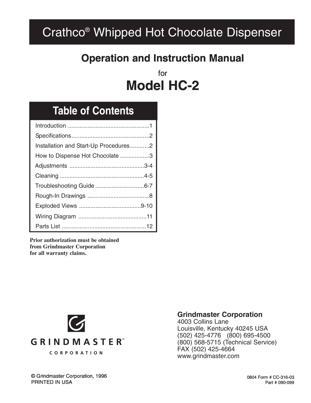 Grindmaster instruction manual Model HC-2, Crathco Whipped Hot Chocolate Dispenser, Table of Contents, Collins Lane 