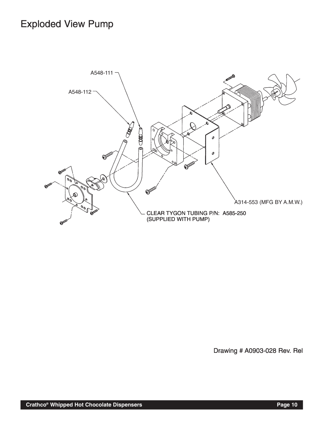 Grindmaster HC-2 Exploded View Pump, Drawing # A0903-028Rev. Rel, Crathco Whipped Hot Chocolate Dispensers, Page 