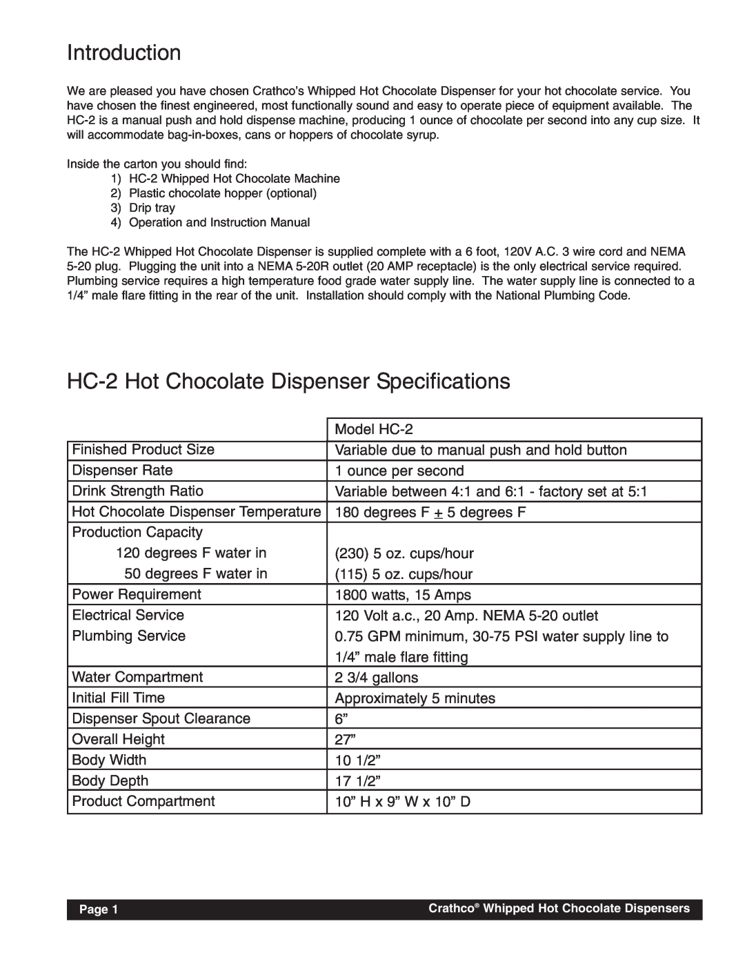 Grindmaster instruction manual Introduction, HC-2Hot Chocolate Dispenser Specifications 