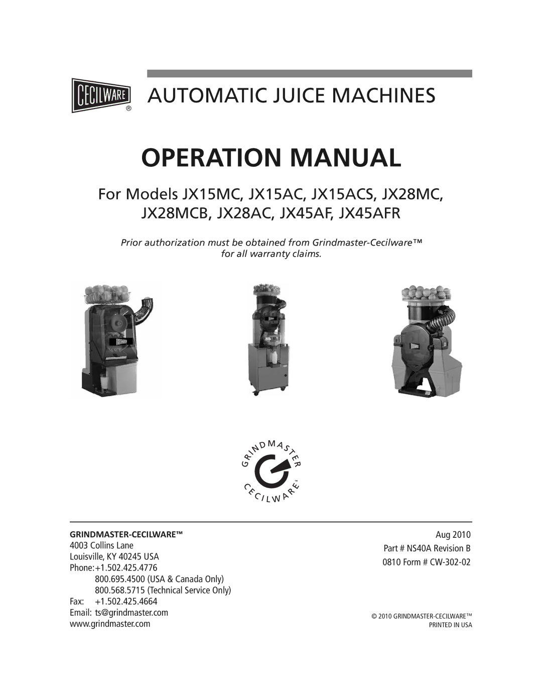 Grindmaster JX28MCB, JX15MC, JX15ACS, JX45AFR, JX28AC operation manual Automatic Juice Machines 