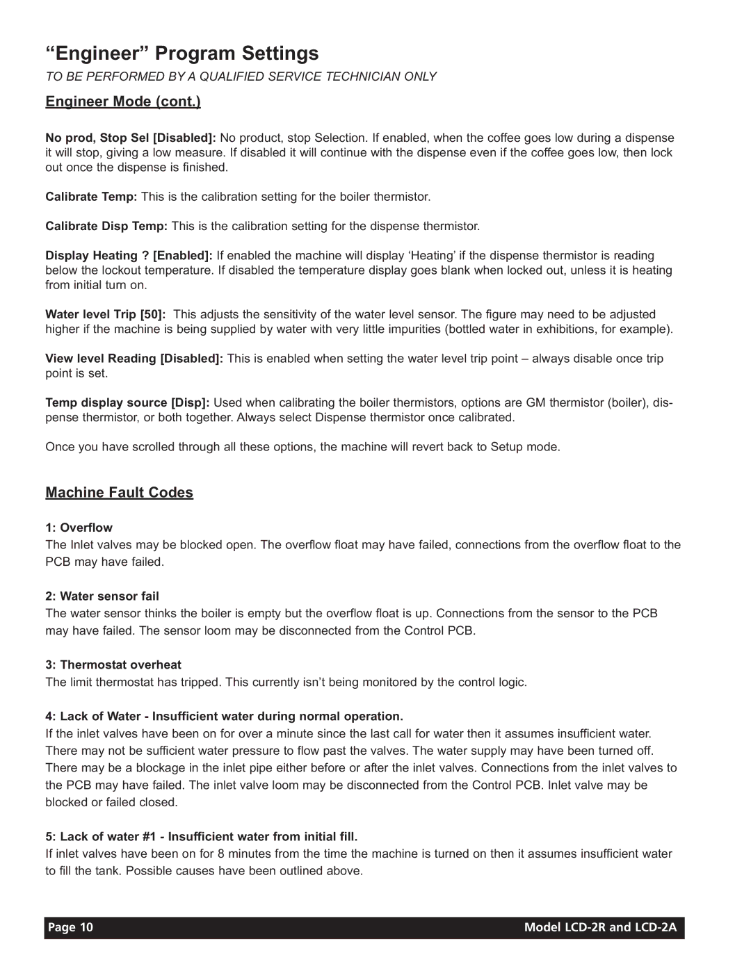 Grindmaster LCD-2A, LCD-2R instruction manual Machine Fault Codes 