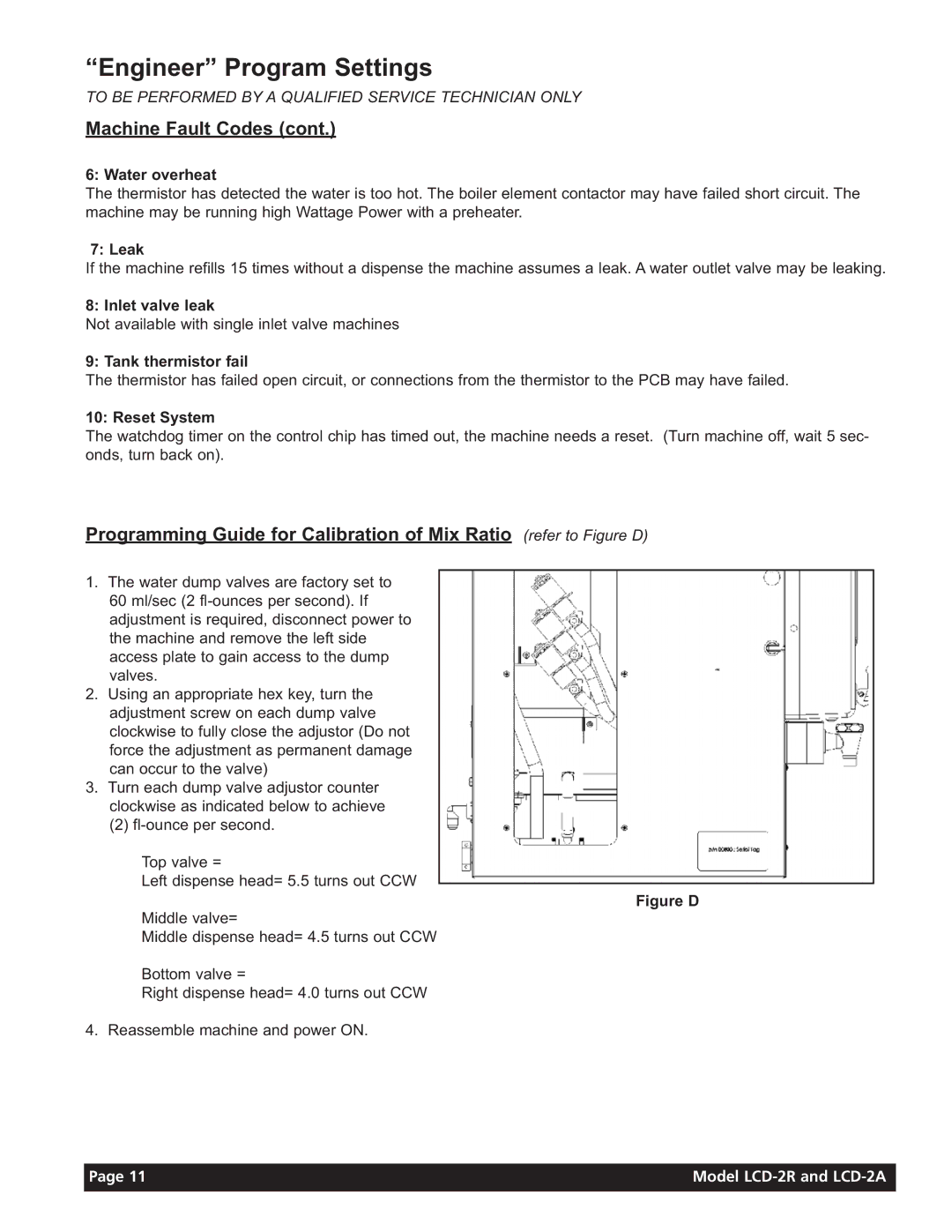 Grindmaster LCD-2R, LCD-2A instruction manual Water overheat, Leak, Inlet valve leak, Tank thermistor fail, Reset System 