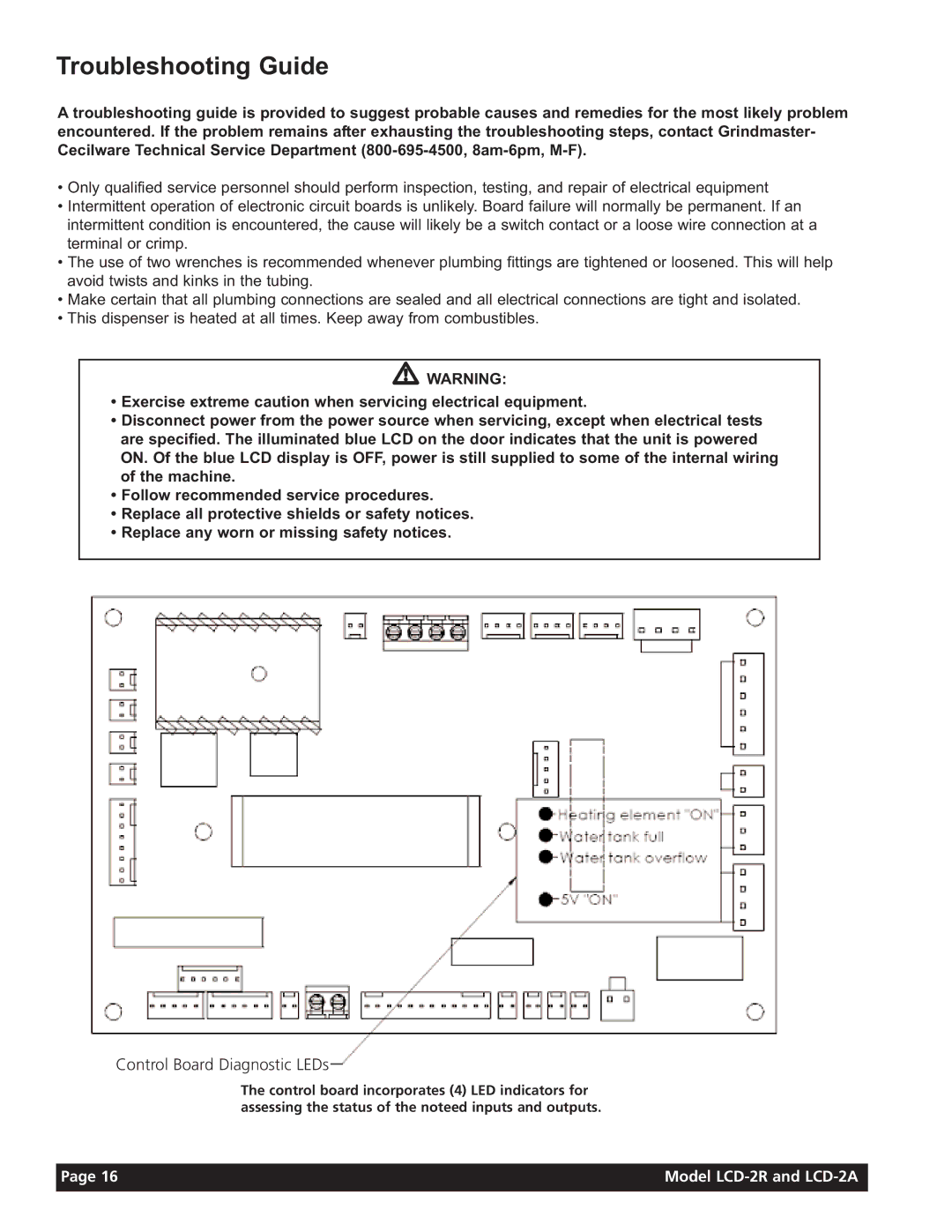 Grindmaster LCD-2A, LCD-2R instruction manual Troubleshooting Guide, Control Board Diagnostic LEDs 