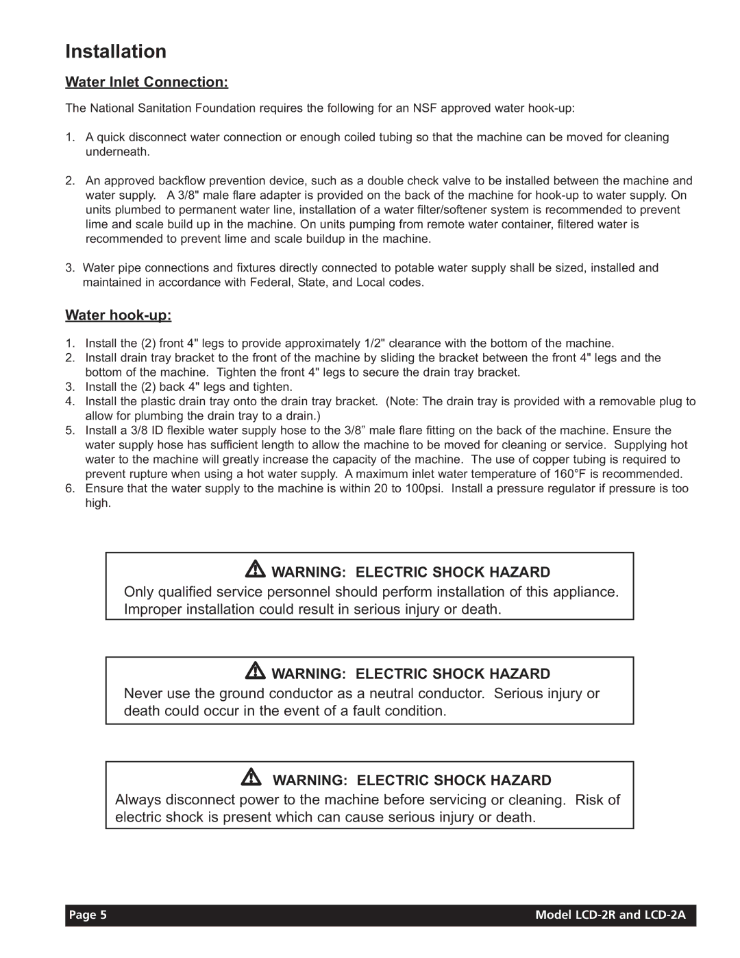 Grindmaster LCD-2R, LCD-2A instruction manual Installation, Water Inlet Connection, Water hook-up 