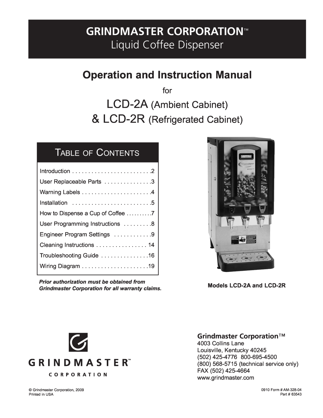 Grindmaster LCD-2R instruction manual Grindmaster Corporation, Liquid Coffee Dispenser, Operation and Instruction Manual 