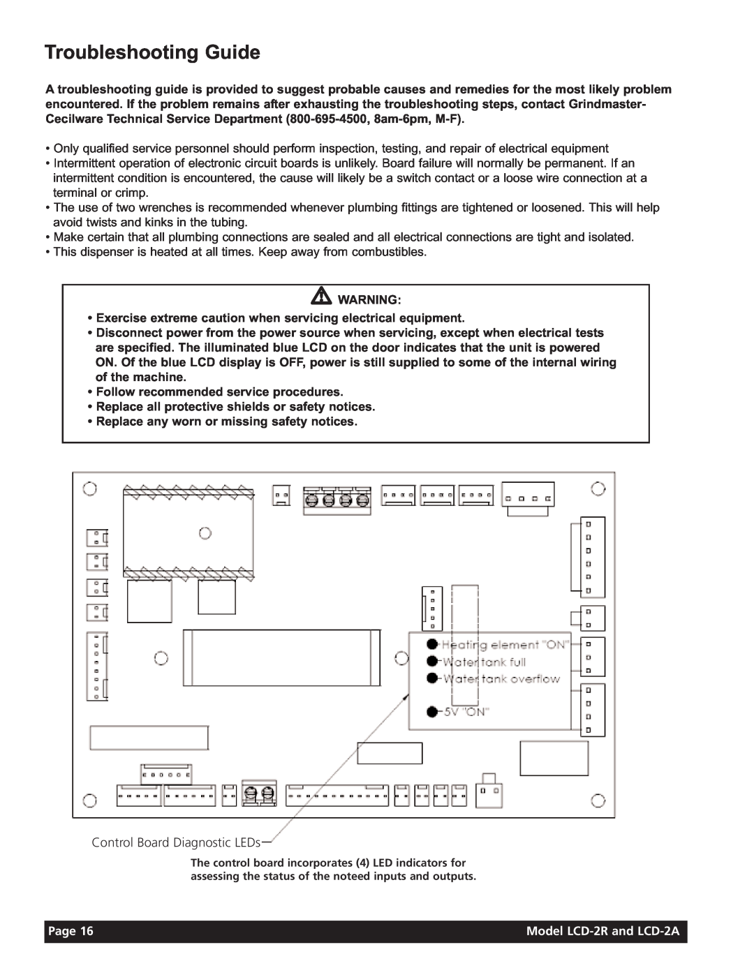 Grindmaster instruction manual Troubleshooting Guide, Control Board Diagnostic LEDs, Page, Model LCD-2Rand LCD-2A 