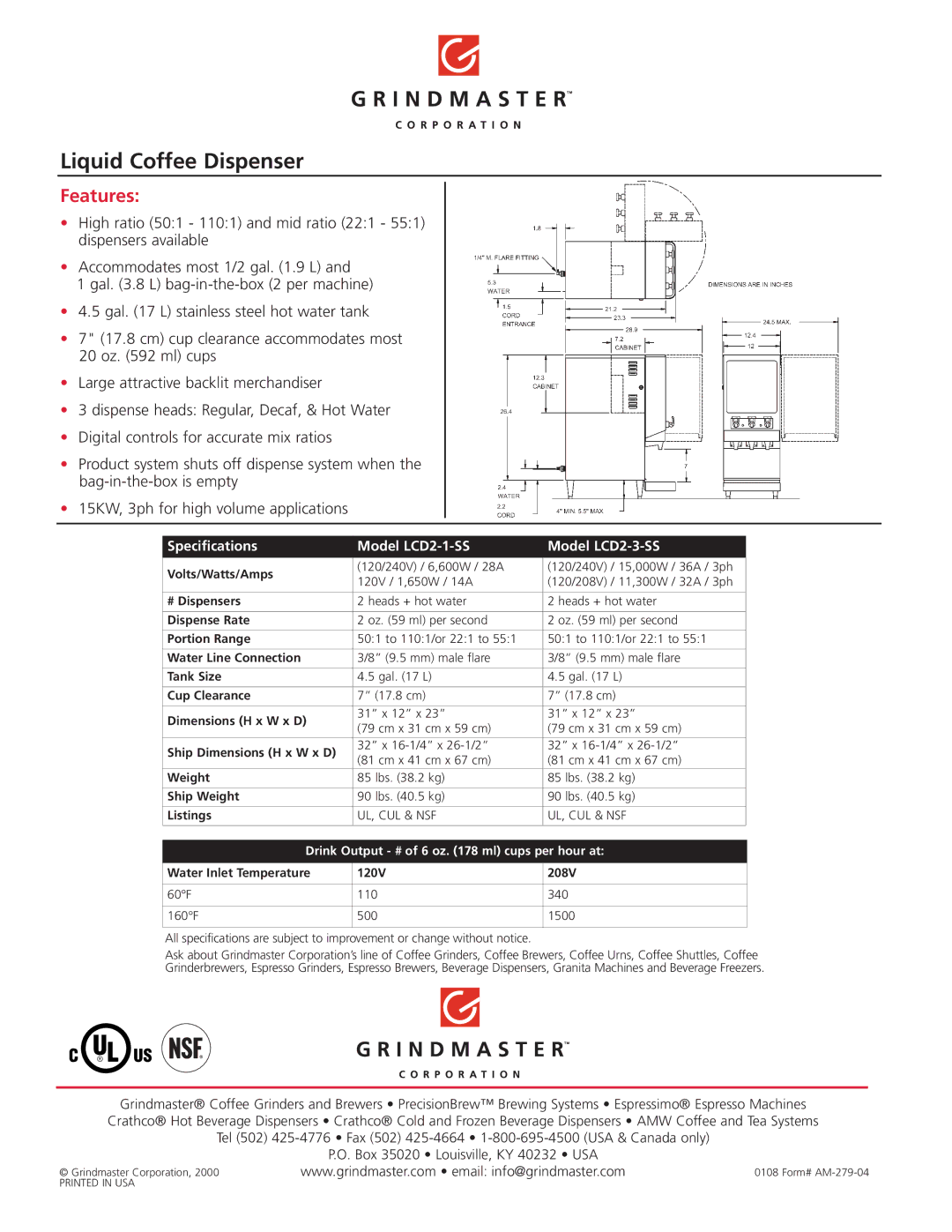 Grindmaster manual Liquid Coffee Dispenser, Features, Specifications Model LCD2-1-SS Model LCD2-3-SS 