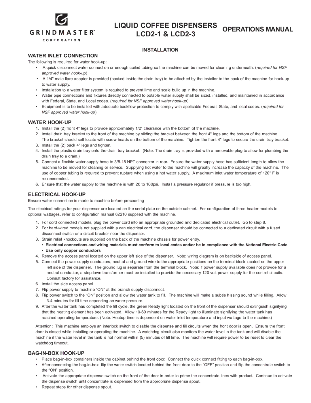 Grindmaster configurationmanual LCD2-1 & LCD2-3, Installation Water Inlet Connection, Water HOOK-UP, Electrical HOOK-UP 