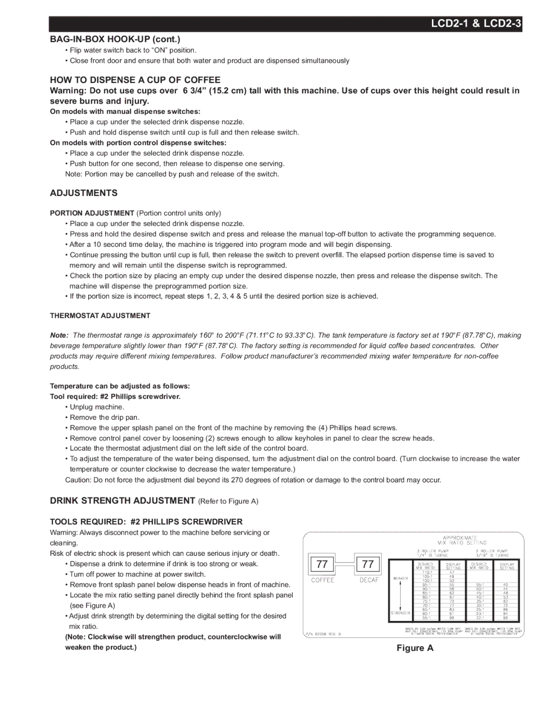 Grindmaster LCD2-1 configurationmanual Bag-In-Box Hook-Up, HOW to Dispense a CUP of Coffee, Adjustments 