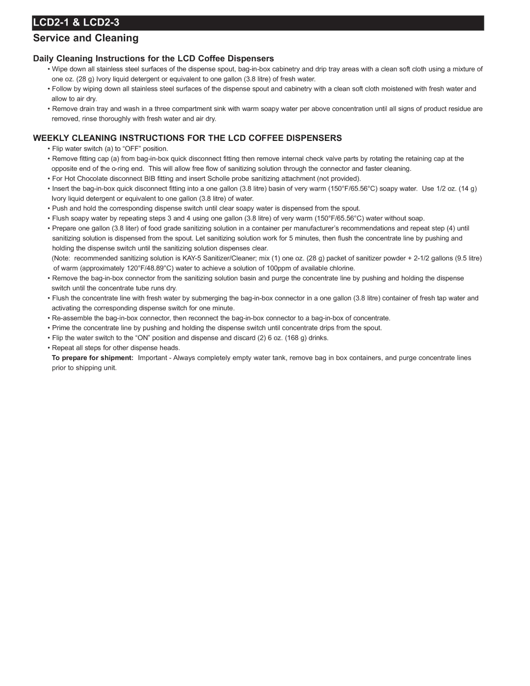 Grindmaster LCD2-1 configurationmanual Daily Cleaning Instructions for the LCD Coffee Dispensers 