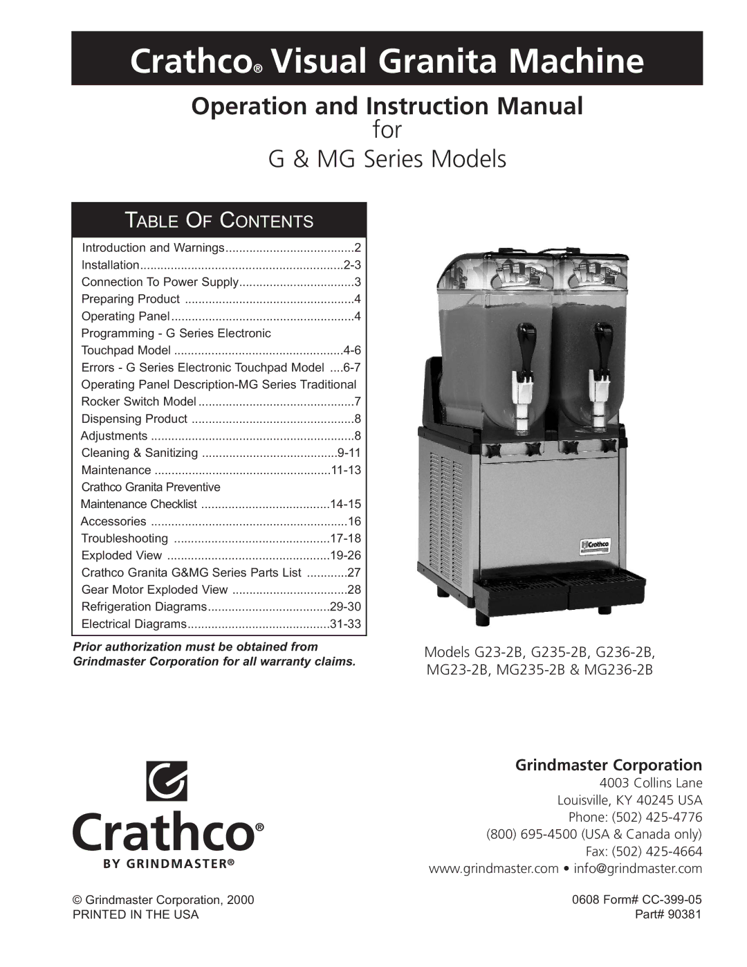 Grindmaster MG23-2B, MG236-2B, MG235-2B instruction manual Crathco Visual Granita Machine 