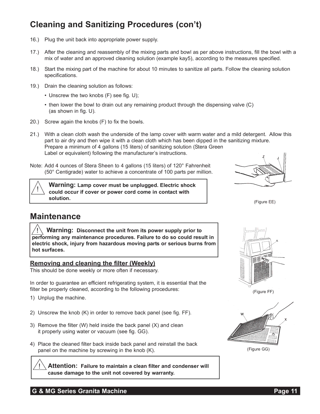 Grindmaster MG236-2B, MG23-2B, MG235-2B instruction manual Maintenance, Removing and cleaning the filter Weekly 