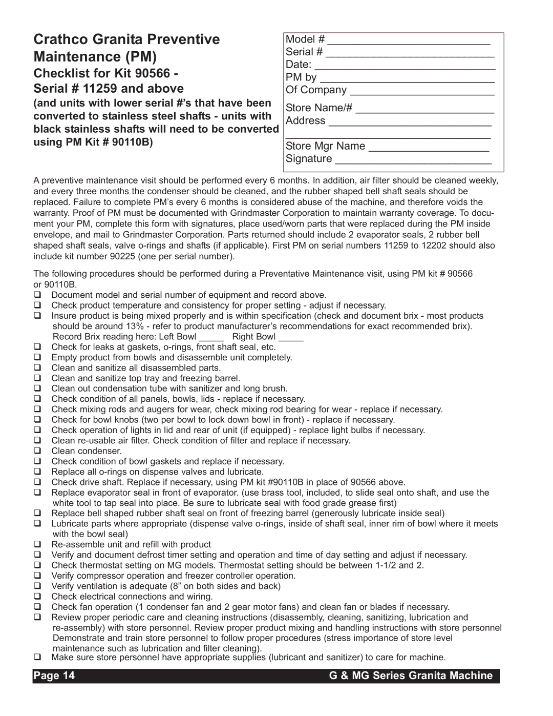 Grindmaster MG235-2B, MG236-2B Crathco Granita Preventive Maintenance PM, Checklist for Kit Serial # 11259 and above 