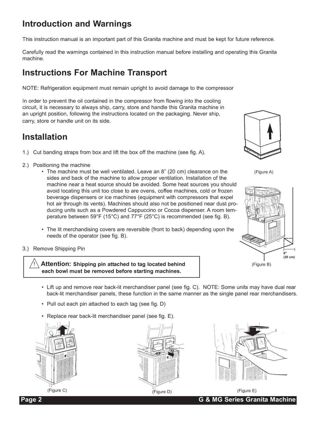 Grindmaster MG235-2B, MG236-2B, MG23-2B Introduction and Warnings Instructions For Machine Transport, Installation 