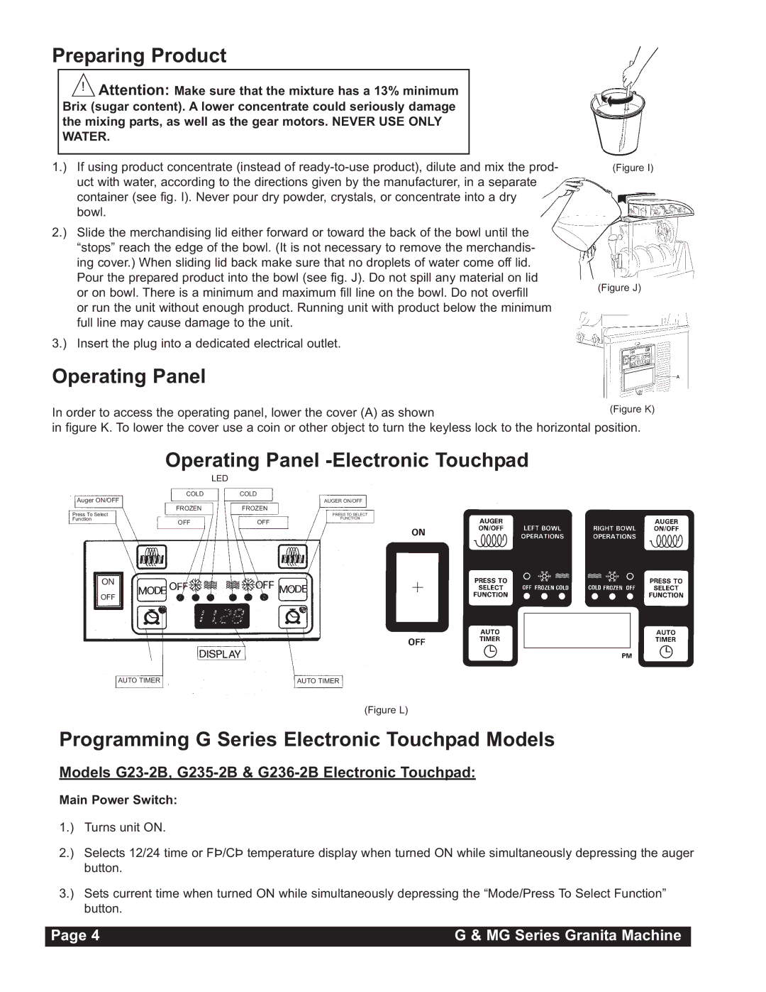 Grindmaster MG236-2B, MG23-2B, MG235-2B instruction manual Preparing Product, Operating Panel -Electronic Touchpad 