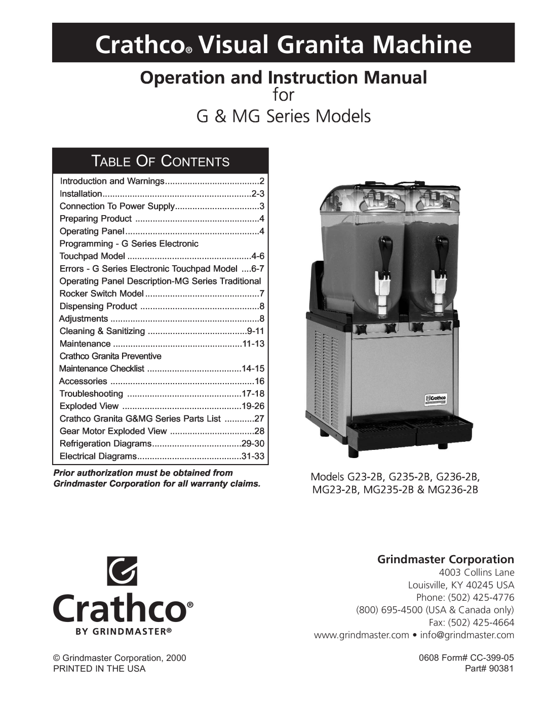 Grindmaster MG23-2B instruction manual Crathco Visual Granita Machine, for G & MG Series Models, Table Of Contents 