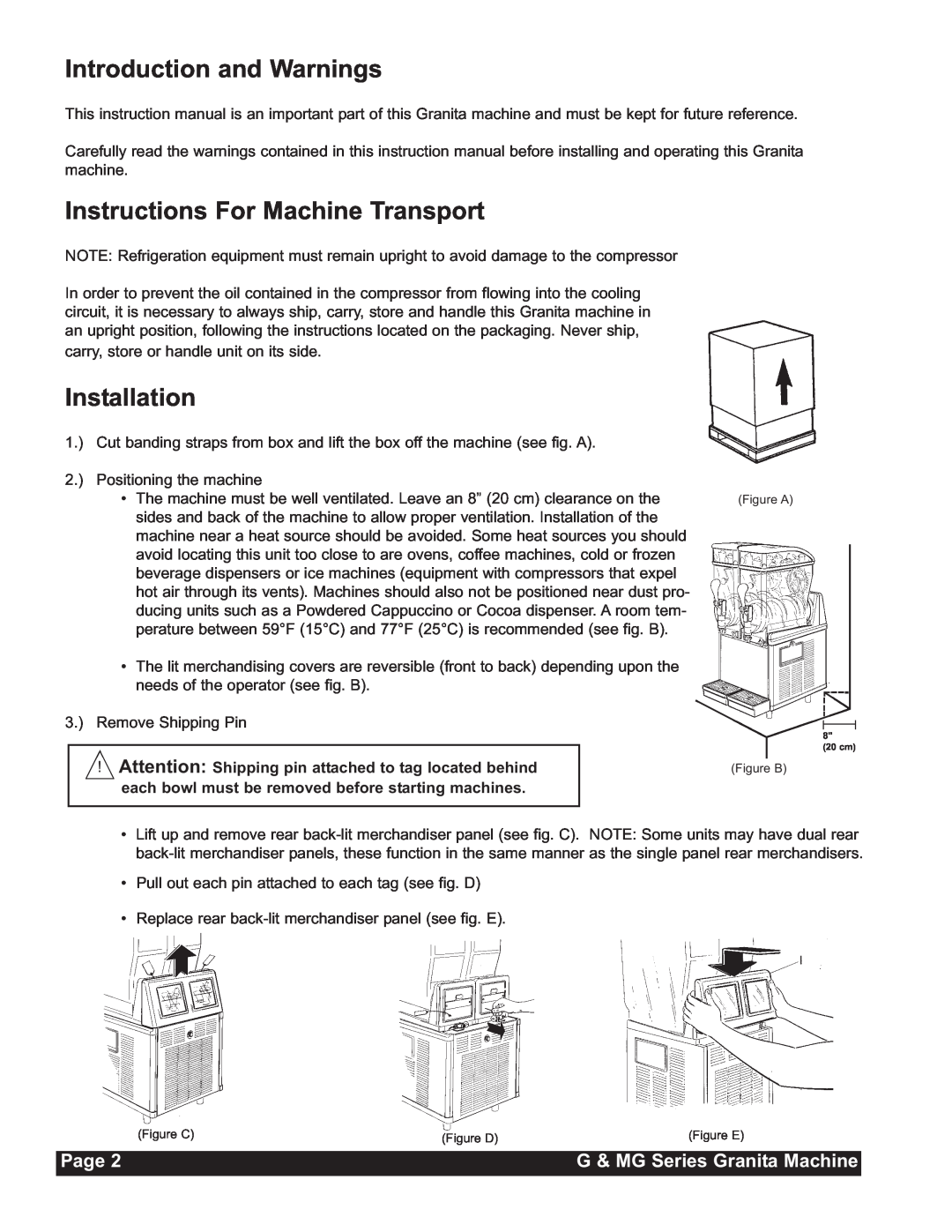 Grindmaster MG235-2B, MG236-2B, MG23-2B Introduction and Warnings, Instructions For Machine Transport, Installation, Page 