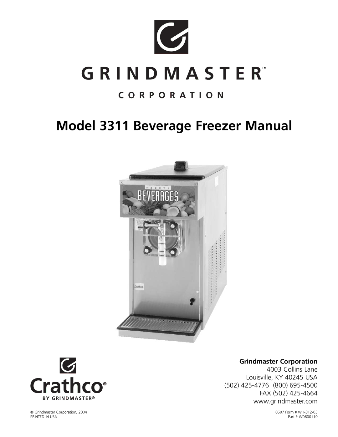 Grindmaster manual Model 3311 Beverage Freezer Manual 