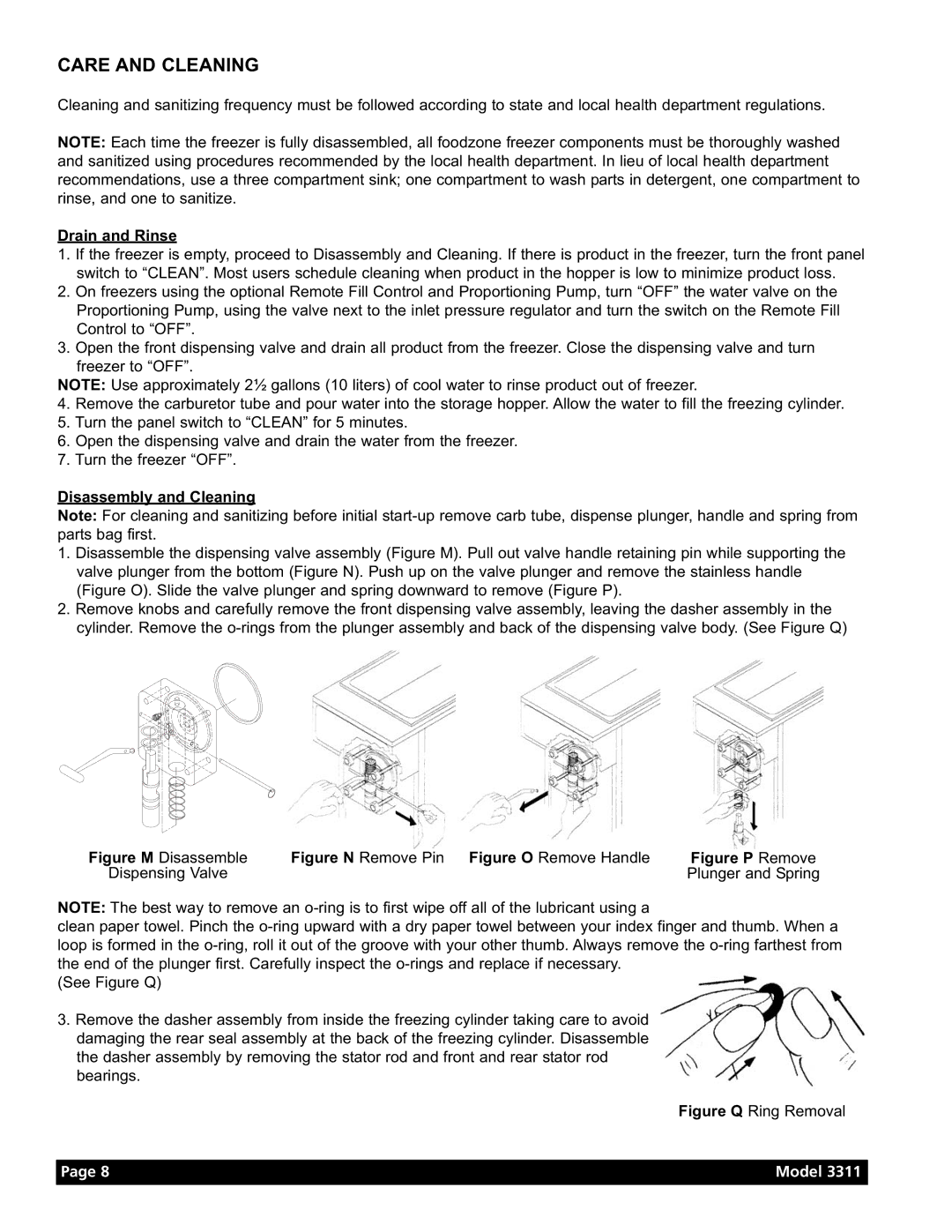 Grindmaster Model 3311 manual Care and Cleaning, Drain and Rinse, Disassembly and Cleaning 