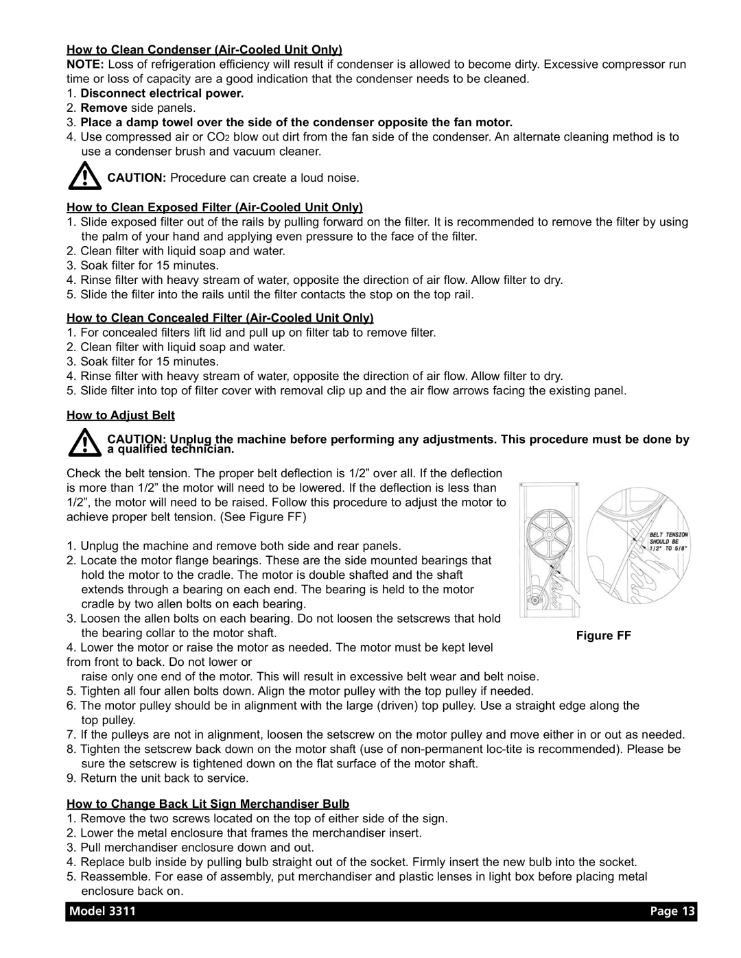 Grindmaster Model 3311 manual How to Clean Exposed Filter Air-Cooled Unit Only, How to Adjust Belt 