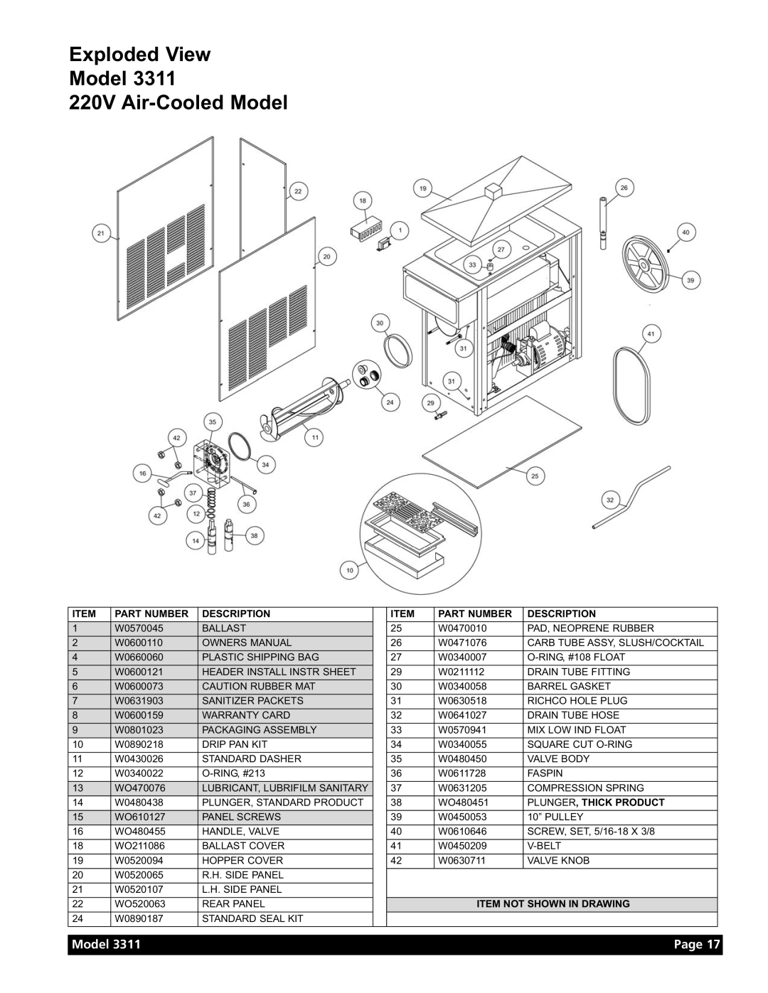 Grindmaster Model 3311 manual Exploded View Model 220V Air-Cooled Model, Part Number Description 