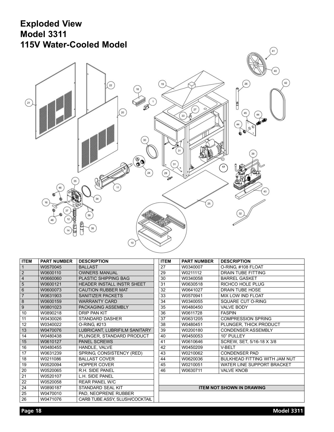 Grindmaster Model 3311 manual Exploded View Model 115V Water-Cooled Model 