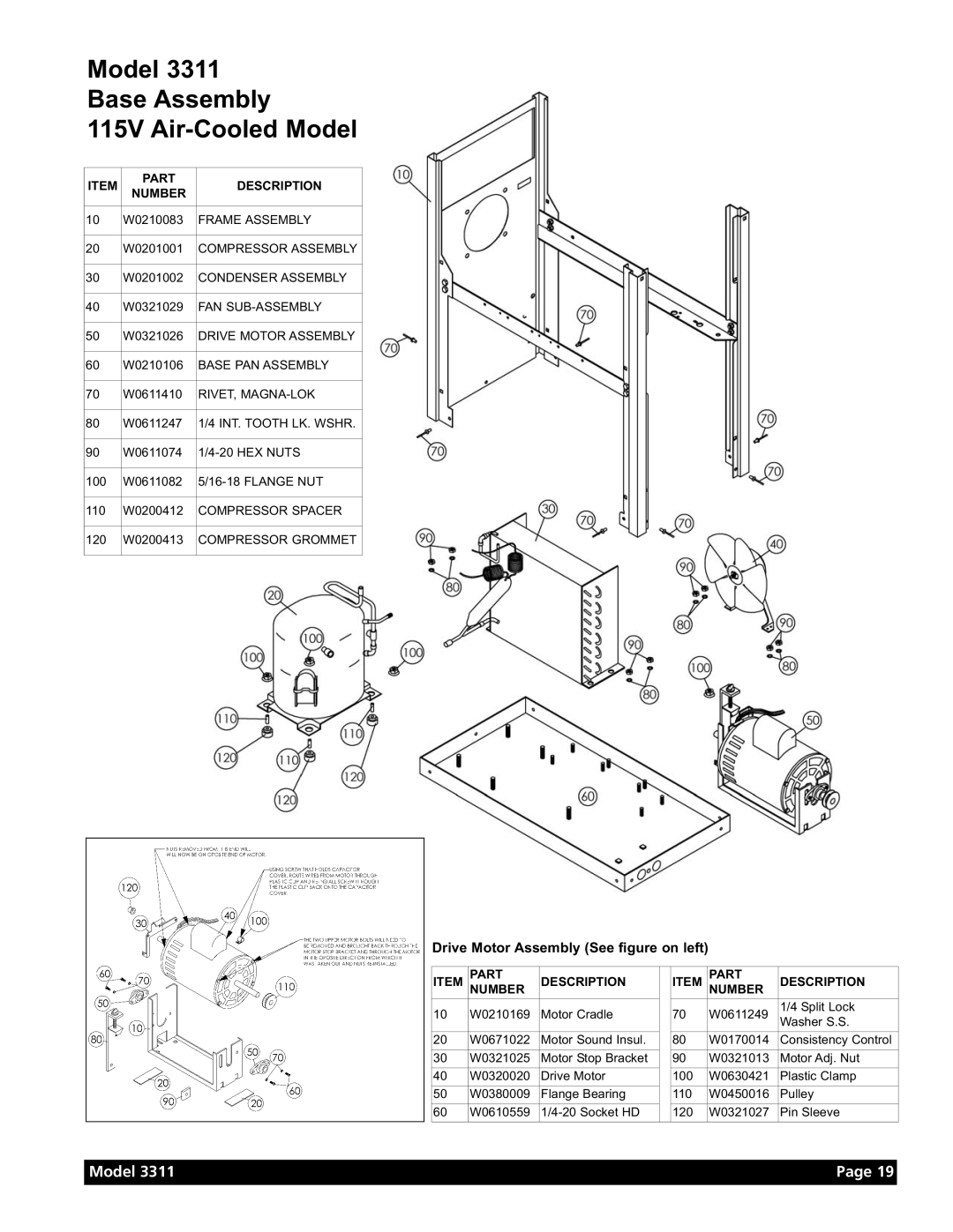 Grindmaster Model 3311 manual Model Base Assembly 115V Air-Cooled Model, Part Description Number 