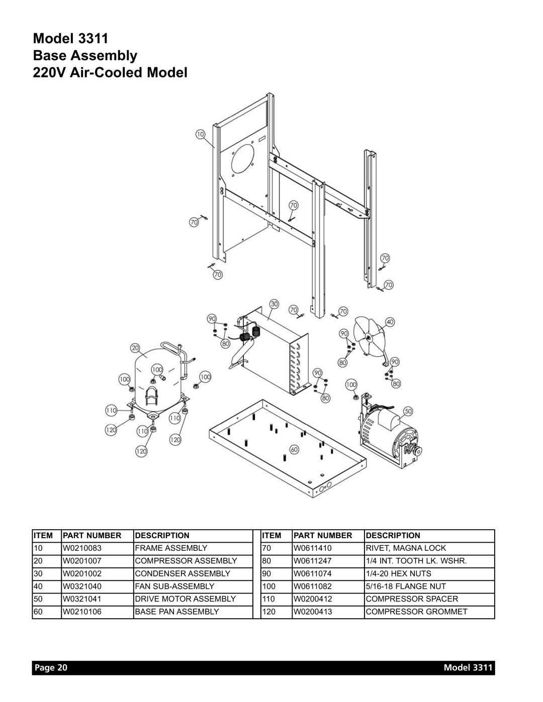 Grindmaster Model 3311 manual Model Base Assembly 220V Air-Cooled Model, Part Number Description 