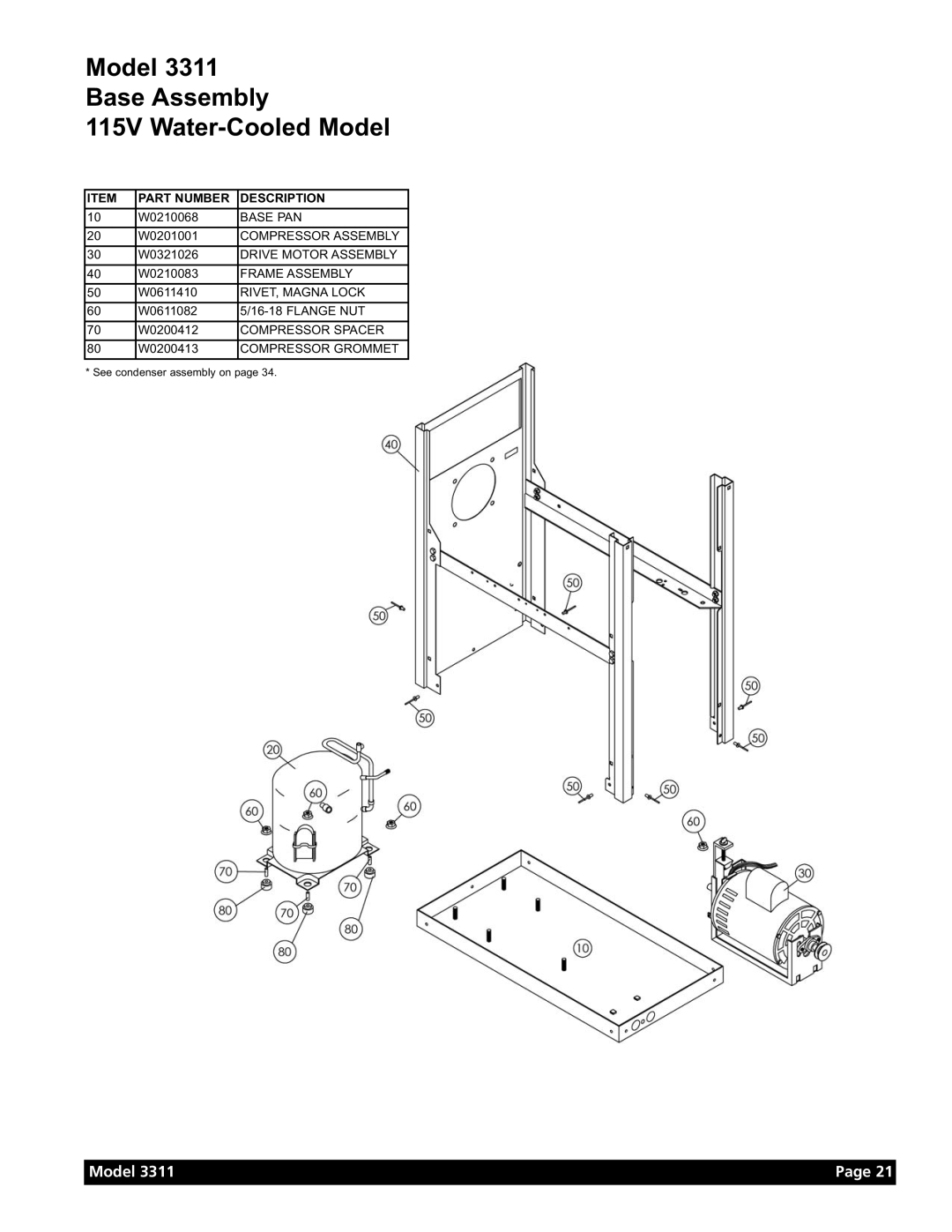 Grindmaster Model 3311 manual Model Base Assembly 115V Water-Cooled Model 