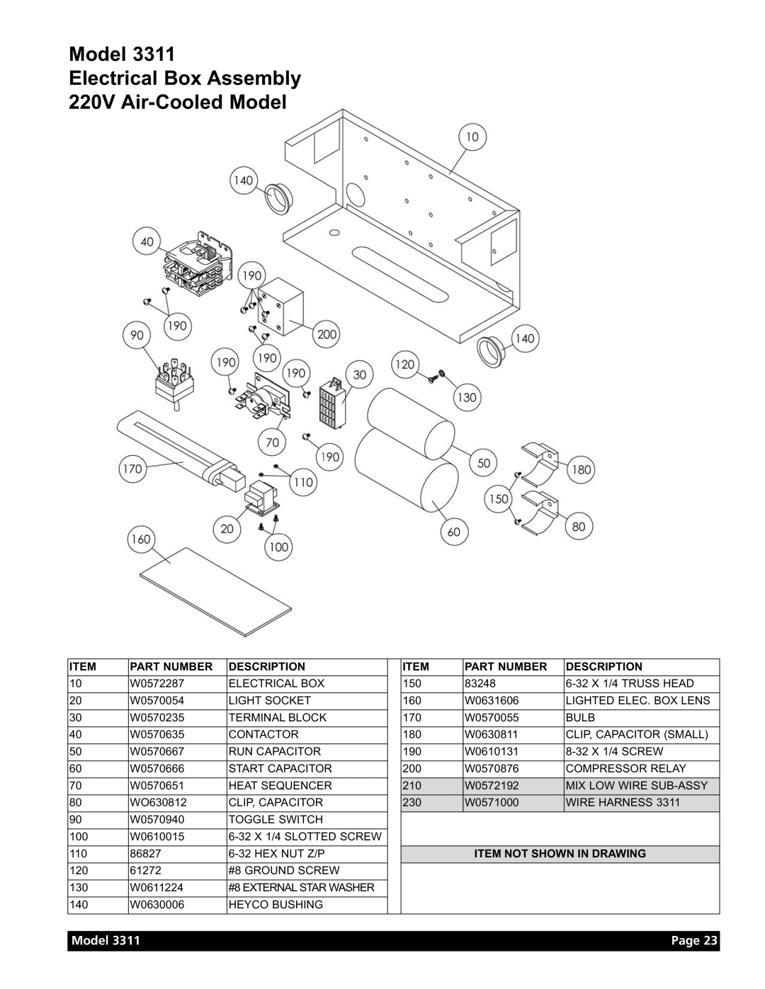 Grindmaster Model 3311 manual Model Electrical Box Assembly 220V Air-Cooled Model 