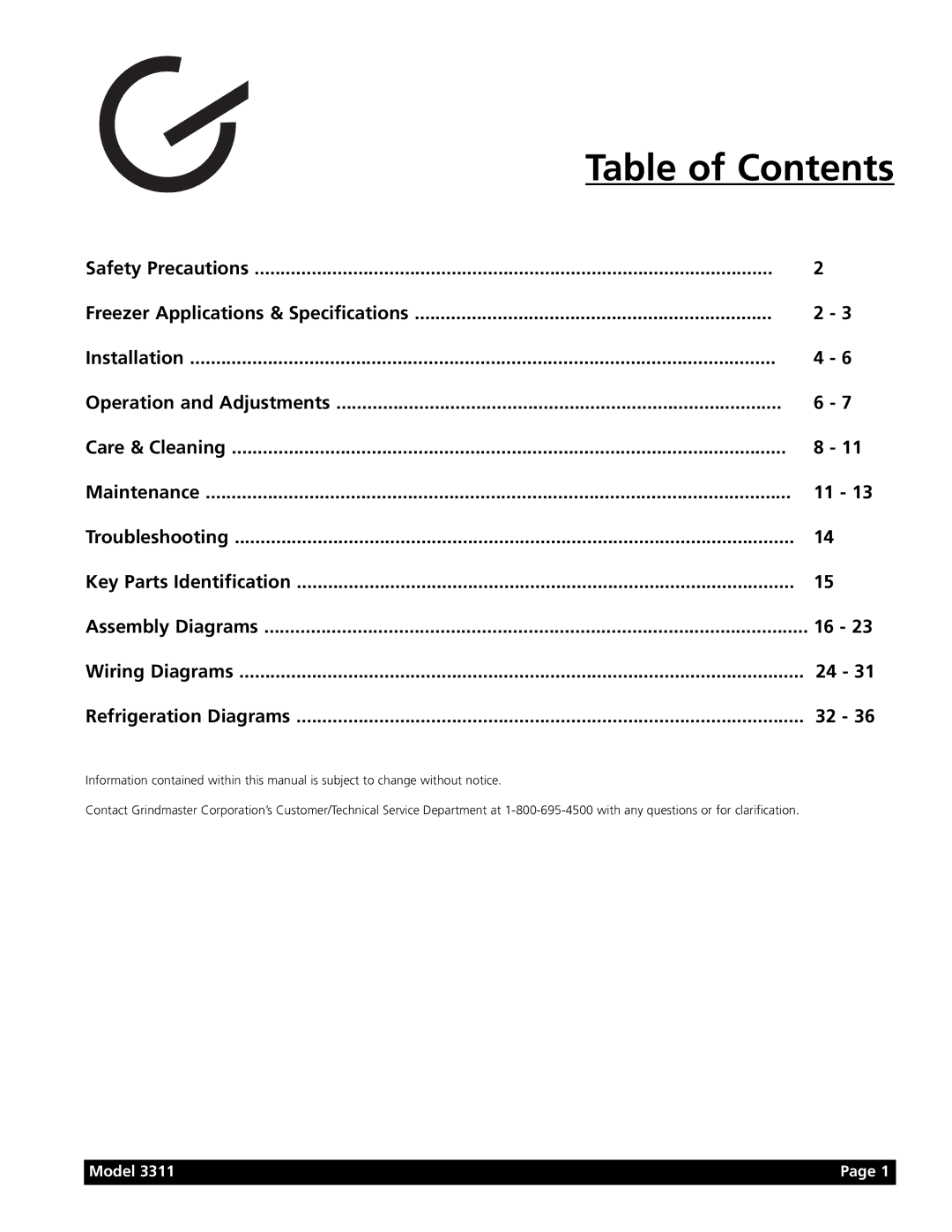 Grindmaster Model 3311 manual Table of Contents 