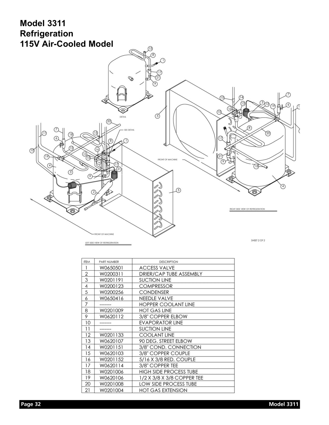 Grindmaster Model 3311 manual Model Refrigeration 115V Air-Cooled Model 