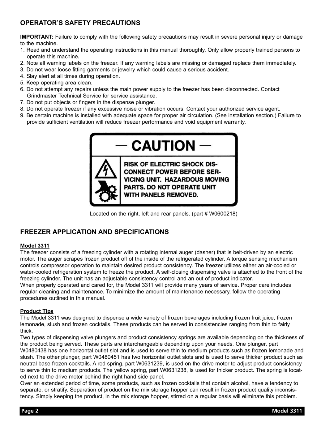 Grindmaster Model 3311 manual OPERATOR’S Safety Precautions, Freezer Application and Specifications, Product Tips 