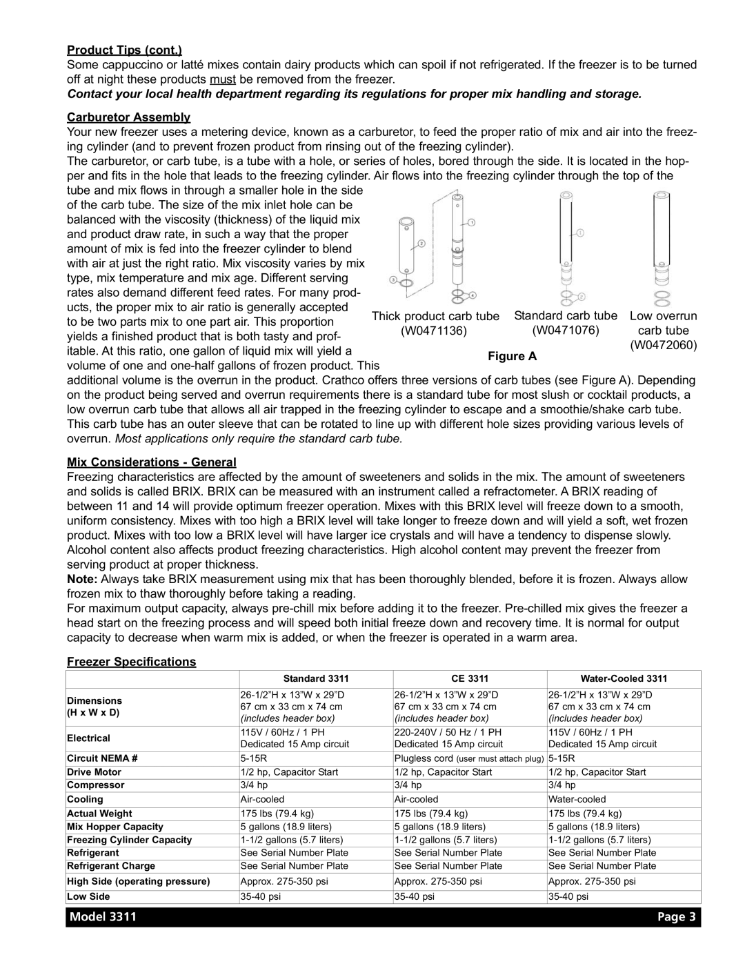 Grindmaster Model 3311 manual Carburetor Assembly, Mix Considerations General, Freezer Specifications 