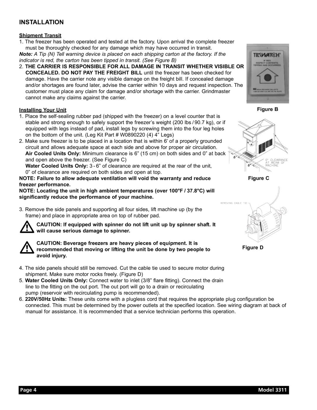 Grindmaster Model 3311 manual Installation, Shipment Transit, Will cause serious damage to spinner, Avoid injury 